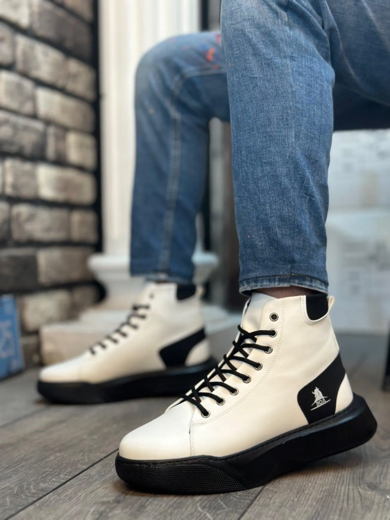 BA0155 Lace-Up Men's High Sole White Black Sole Sport Boots