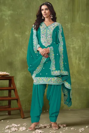 Classic Teal Color Festive Wear Salwar Suit In Art Silk Fabric