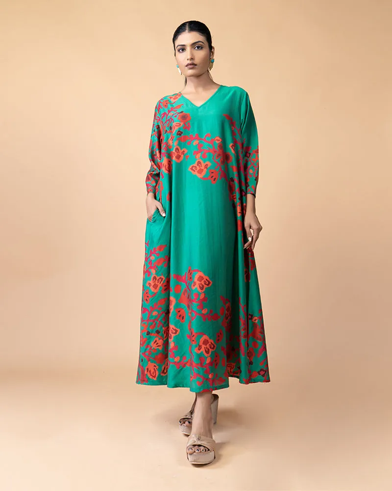 Green Floral Print Long Kurti Dress
