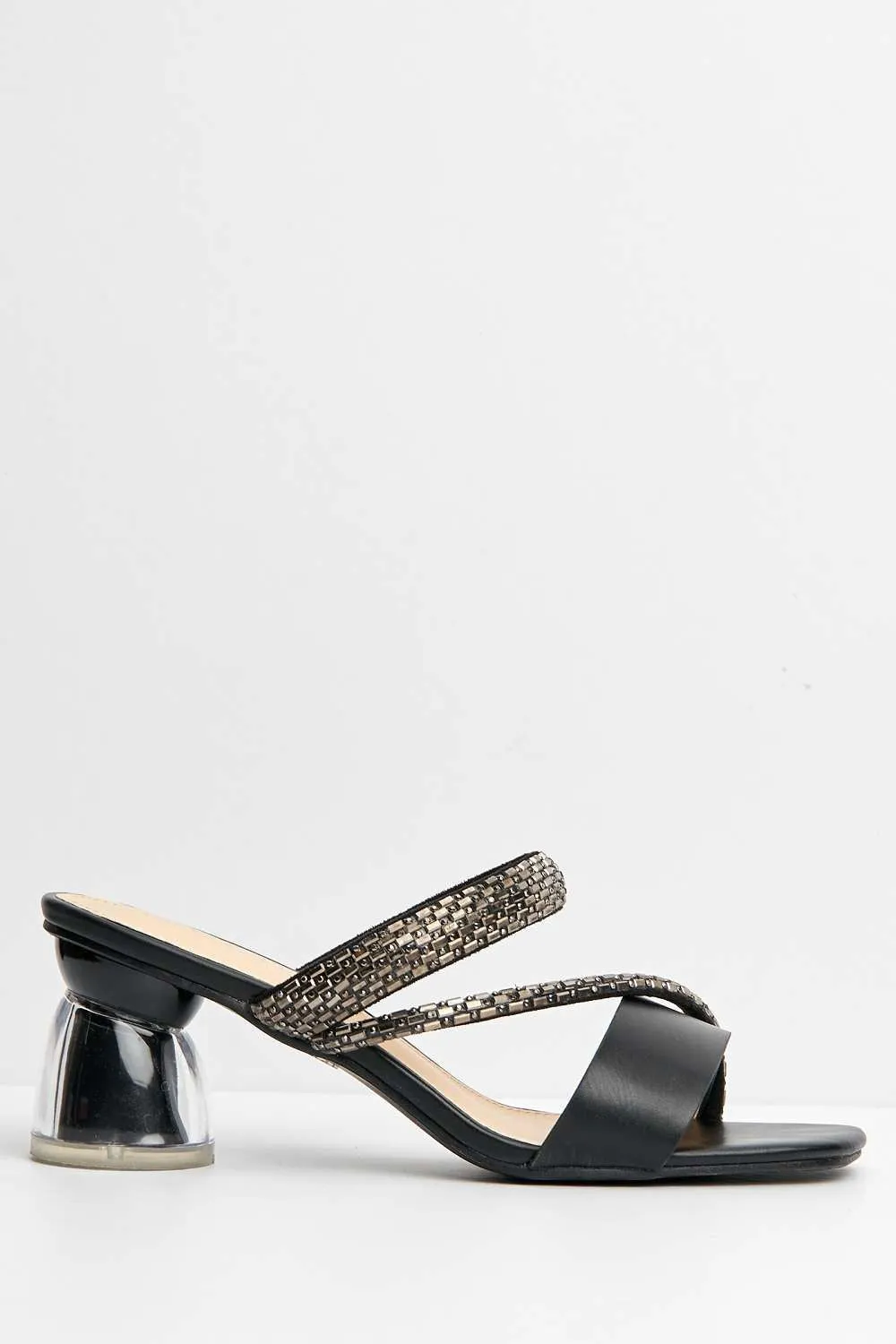 Nimra Diamante Embellished Block Heel Mules in Black