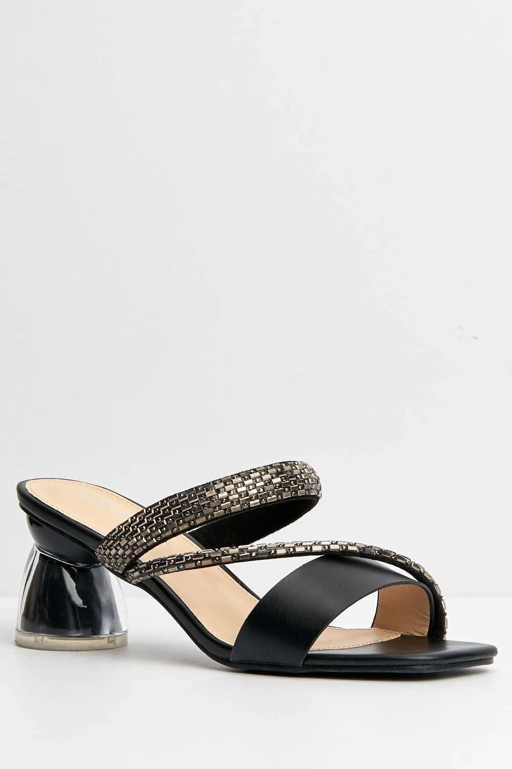 Nimra Diamante Embellished Block Heel Mules in Black
