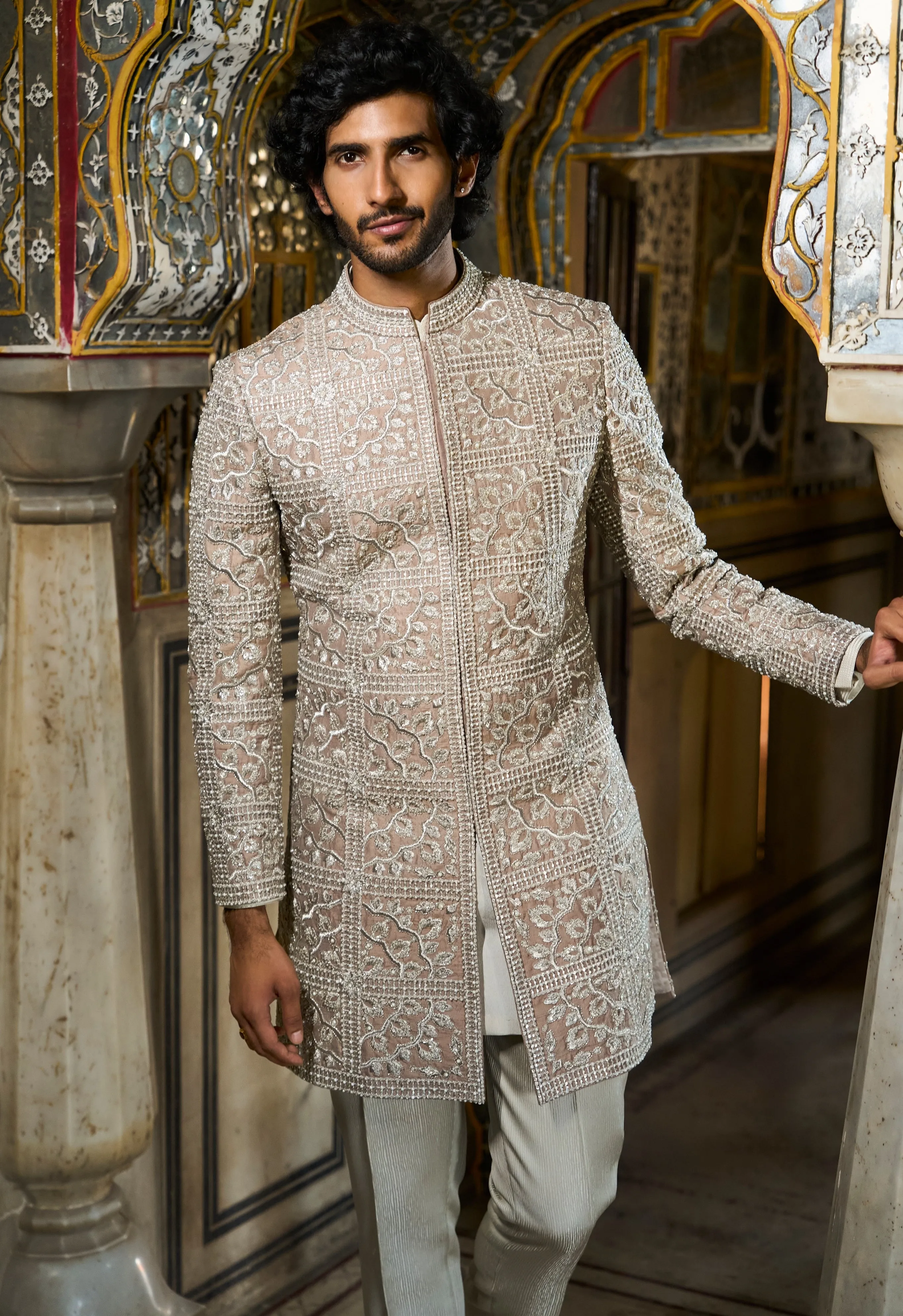 Silver Geometric Sherwani Set