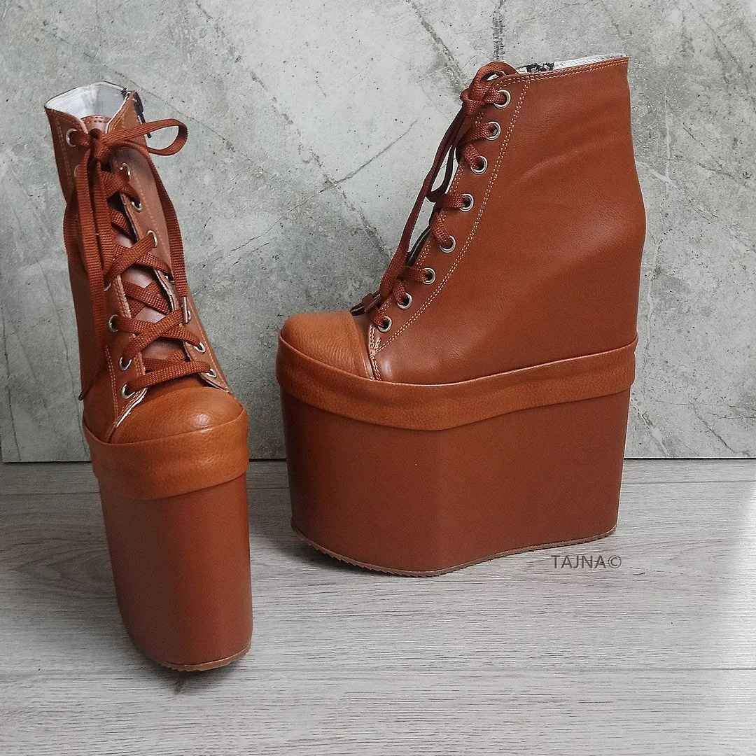 Tobacco Brown Lace Up Platform Wedge Shoes